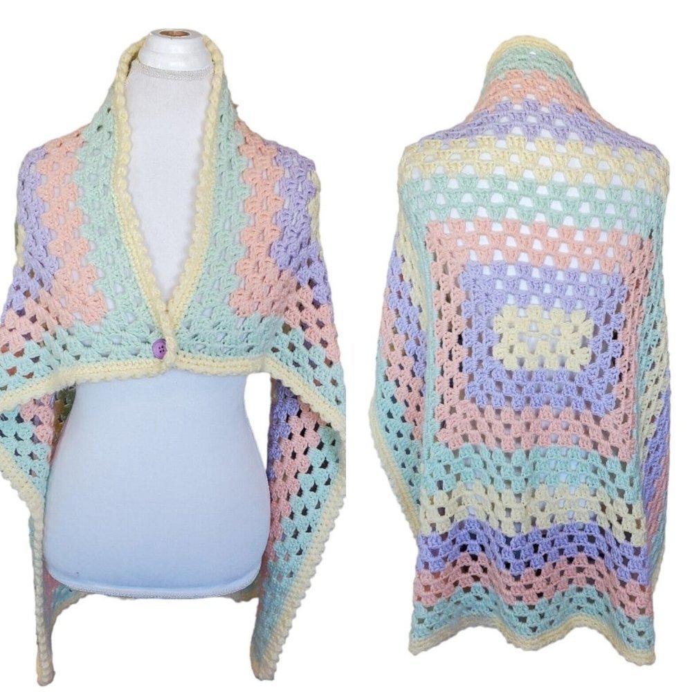 Afghan Knit Pastel Shawl Wrap Button Closure Soft Girl Kawaii One Size Spring